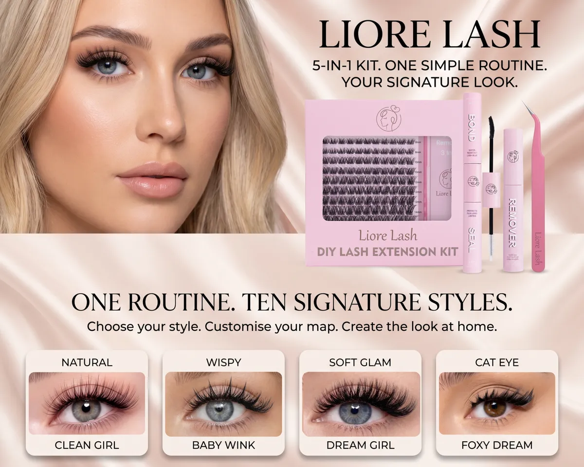 Kit DIY de extensões de pestanas Liore Lash com clusters, Bond & Seal, removedor e pinça