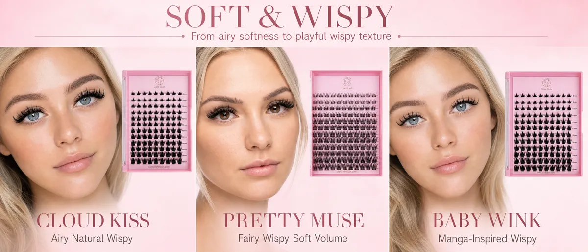 Pestanas em cluster wispy nos estilos Cloud Kiss, Pretty Muse e Baby Wink