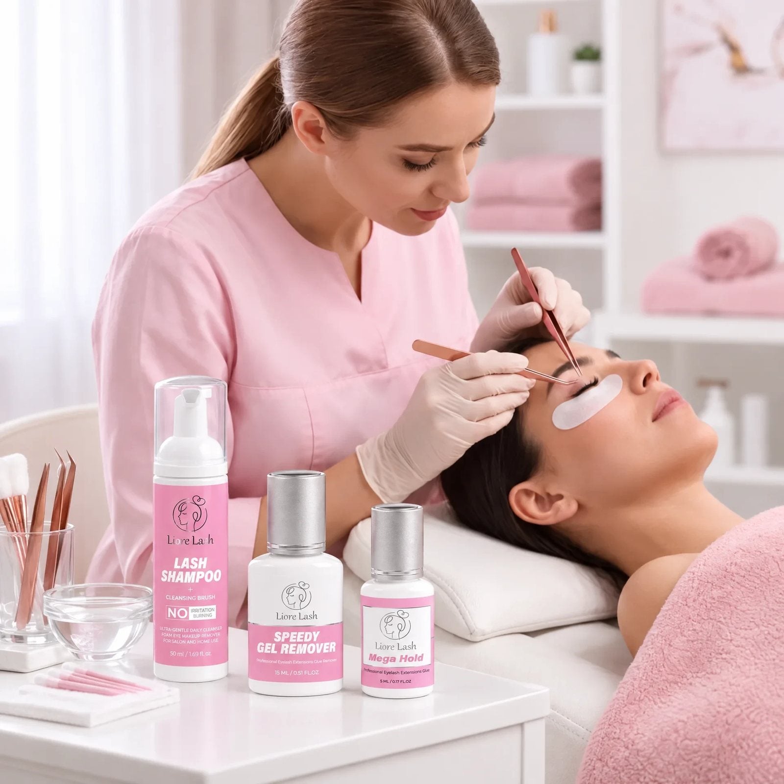 Lash artist applying lash extensions in a studio, next to Liore Lash shampoo, remover and Mega Hold glue