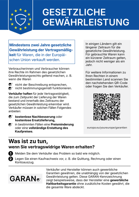 Aviso da UE «Garantia legal»: garantia legal de conformidade de, pelo menos, dois anos para os bens vendidos na União Europeia.